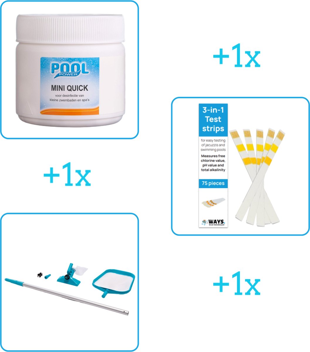 Zwembad Onderhoudsbundel - Zwembad Onderhoud Starterspakket bevat Chloor - Testrips en Schoonmaakset - Ideaal voor kleinere Zwembaden (3-delig)
