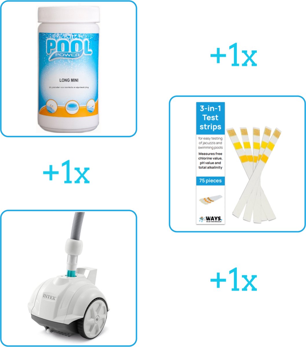 Zwembad Onderhoudsbundel - Zwembad Onderhoud Starterspakket bevat Chloor - Testrips en Stofzuiger - Ideaal voor Opzetzwembaden (3-delig)