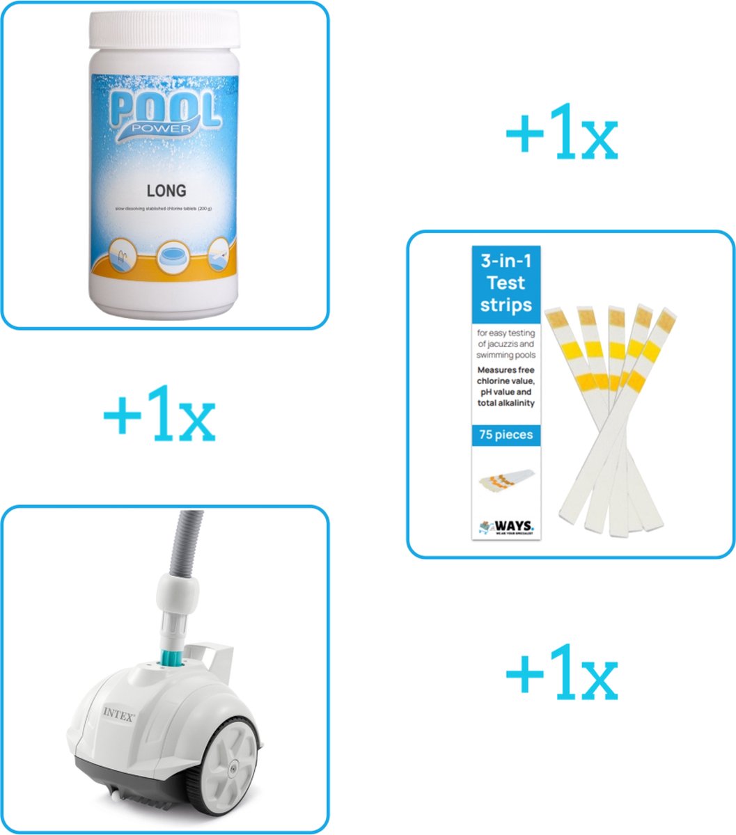 Zwembad Onderhoudsbundel - Zwembad Onderhoud Starterspakket bevat Chloor - Testrips en Stofzuiger - Ideaal voor grote Zwembaden (3-delig)