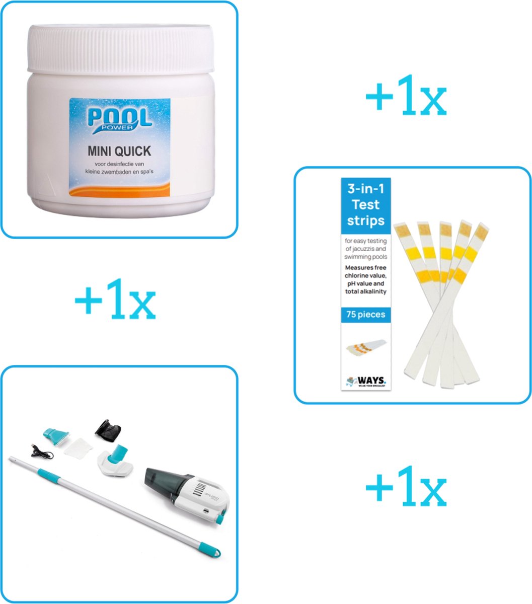 Zwembad Onderhoudsbundel - Zwembad Onderhoud Starterspakket bevat Chloor - Testrips en Stofzuiger - Ideaal voor kleinere Zwembaden (3-delig)