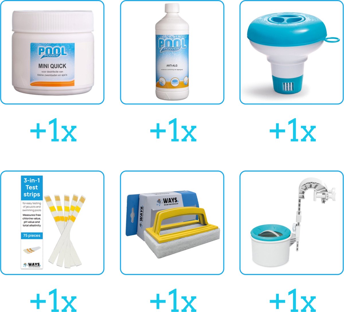 Zwembad Onderhoudsset - Startersset bevat Chloor - Algen - Chloordrijver en Testrips - Scrubborstel - Skimmer - Zwembad Onderhoud Starterspakket - Chloortabletten - Voor zwembaden en Spas - Voor zwembaden tot 2500 liter (6-delig)