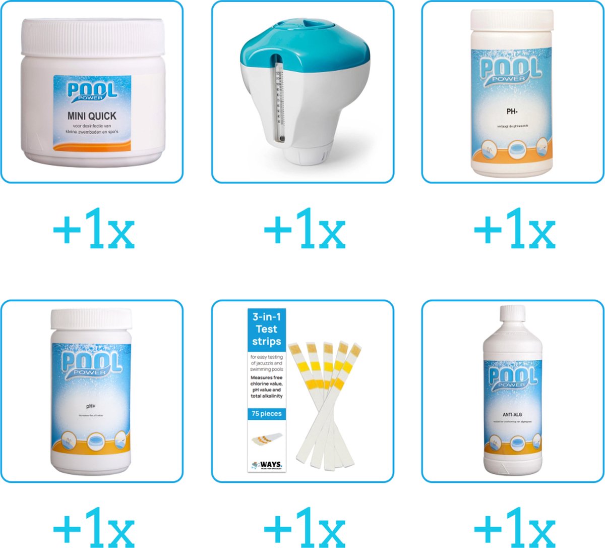 Zwembad Onderhoudsset - Startersset bevat Chloor - Chloordrijver - PH-min en PH-plus - Testrips - Algen - Zwembad Onderhoud Starterspakket - Chloortabletten - Voor zwembaden en Spas - Voor zwembaden tot 2500 liter (6-delig)