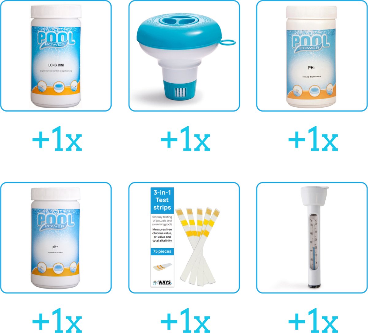 Zwembad Onderhoudsset - Startersset bevat Chloor - Chloordrijver - PH-min en PH-plus - Testrips - Thermometer - Zwembad Onderhoud Starterspakket - Chloortabletten - Ideaal voor Opzetzwembaden - Voor zwembaden van 2500 tot 25.000 liter (6-delig)