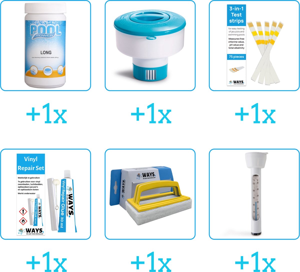 Zwembad Onderhoudsset - Startersset bevat Chloor - Chloordrijver - Testrips en Reparatiesetje - Scrubborstel - Thermometer - Zwembad Onderhoud Starterspakket - Chloortabletten - Onderhoud voor zwembad (6-delig)