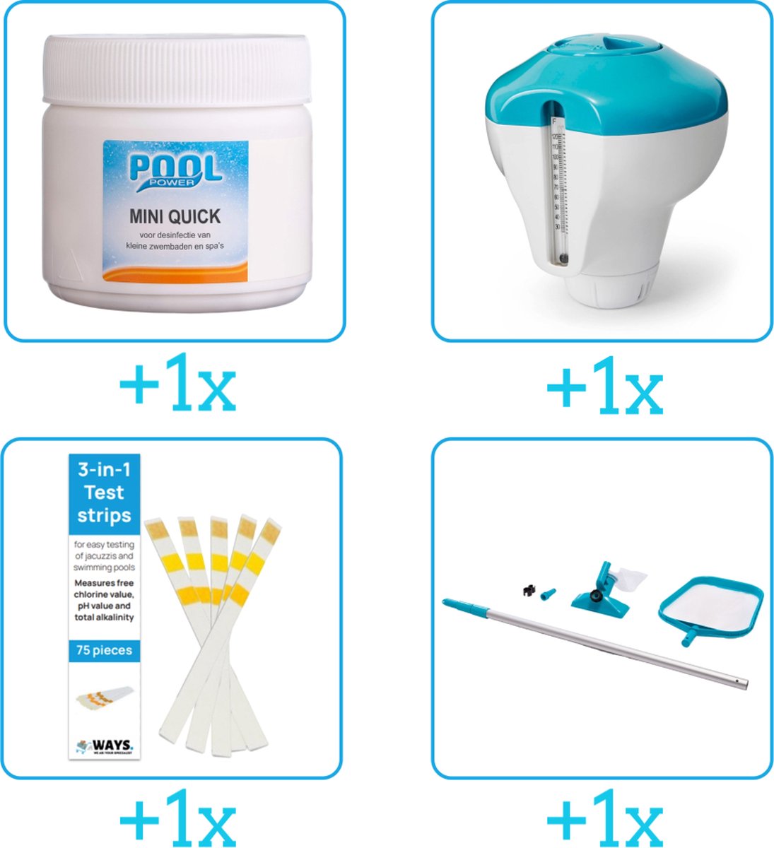 Zwembad Onderhoudsset - Startersset bevat Chloor - Chloordrijver - Testrips en Schoonmaakset - Zwembad Onderhoud Starterspakket - Chloortabletten - Voor zwembaden en Spas - Voor zwembaden tot 2500 liter (4-delig)