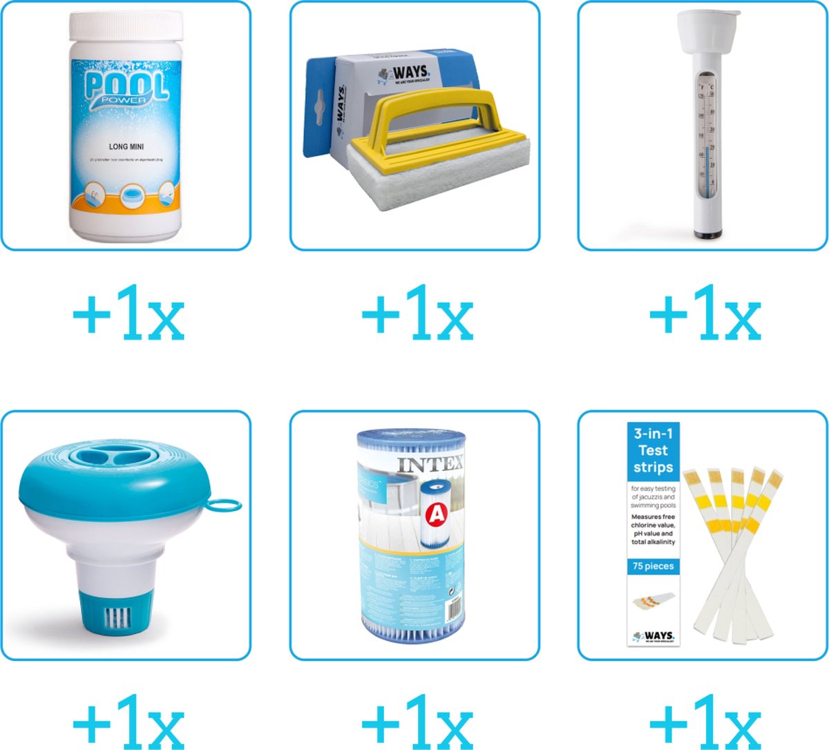 Zwembad Onderhoudsset - Startersset bevat Chloor - Scrubborstel - Thermometer en Chloordrijver - Filter - Testrips - Voor zwembad met 28604GS - 28636GS - 28638GS Filterpomp - Voor zwembaden van 2500 tot 25.000 liter (6-delig)