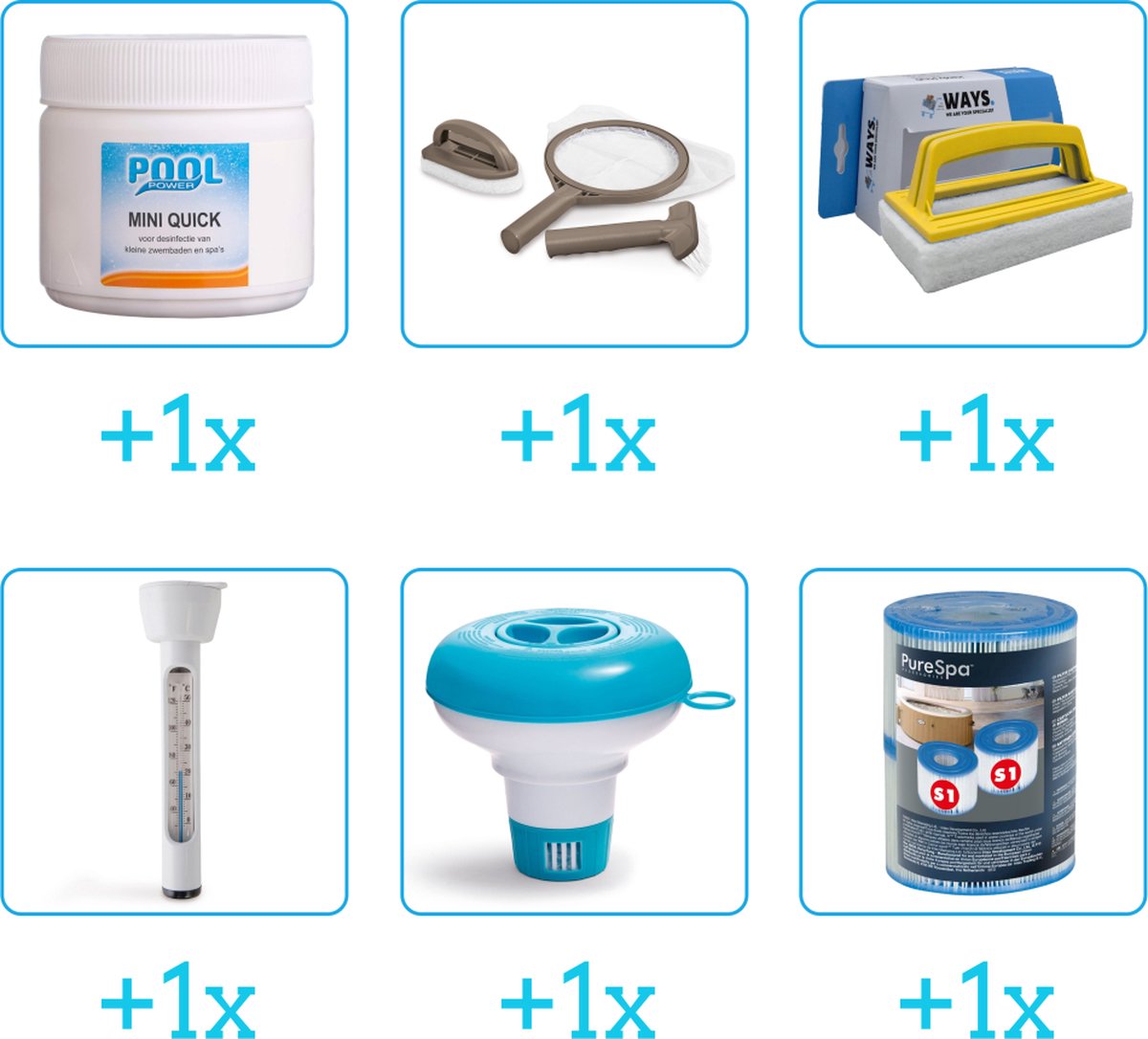Zwembad Onderhoudsset - Startersset bevat Chloor - Scrubpad - Schepnet - Borstel - Scrubborstel en Thermometer - Chloordrijver - Filters - Spa Onderhoud Startersset - Onderhoud voor Spa - Geschikt voor alle type Spas (6-delig)