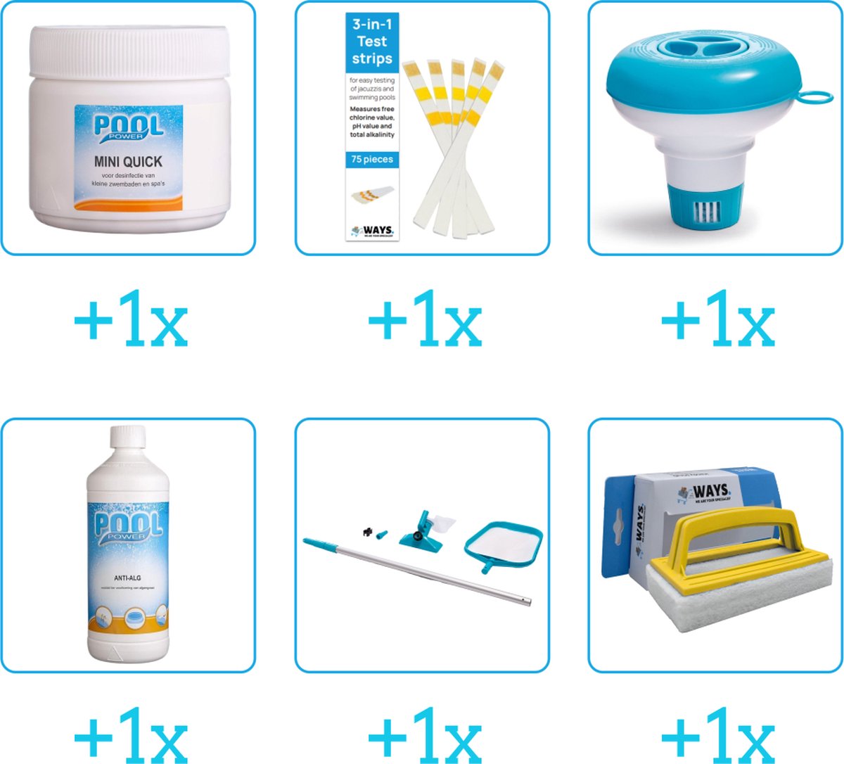 Zwembad Onderhoudsset - Startersset bevat Chloor - Testrips - Chloordrijver en Algen - Schoonmaakset - Scrubborstel - Zwembad Onderhoud Starterspakket - Chloortabletten - Voor zwembaden en Spas - Voor zwembaden tot 2500 liter (6-delig)