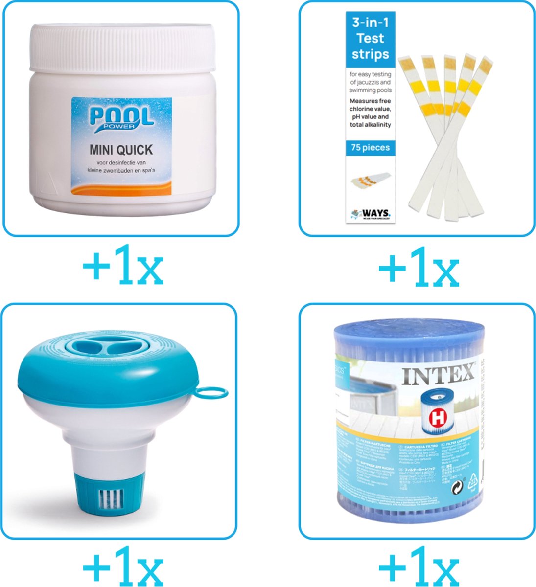 Zwembad Onderhoudsset - Startersset bevat Chloor - Testrips - Chloordrijver en Filter - Voor zwembad met 28602GS Filterpomp - Voor zwembaden en Spas - Voor zwembaden tot 2500 liter (4-delig)