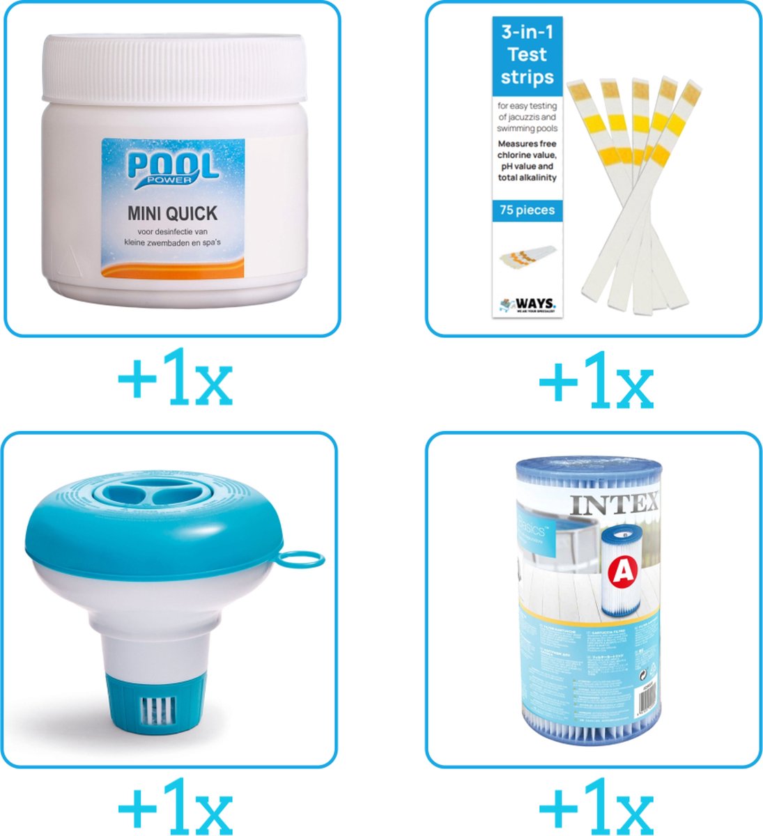 Zwembad Onderhoudsset - Startersset bevat Chloor - Testrips - Chloordrijver en Filter - Voor zwembad met 28604GS - 28636GS - 28638GS Filterpomp - Voor zwembaden tot 2500 liter (4-delig)
