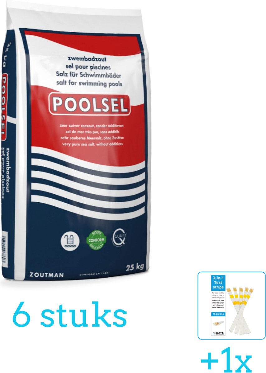 Poolsel - Zwembadzout - 25kg - 6 stuks - Voordeelverpakking - Inclusief WAYS Testrips (1 stuks) - Geschikt voor Zoutwatersysteem - 26662GS (QS200) - 26664GS (QS400) - 26668GS (QS500) - 26670GS (QS1200)