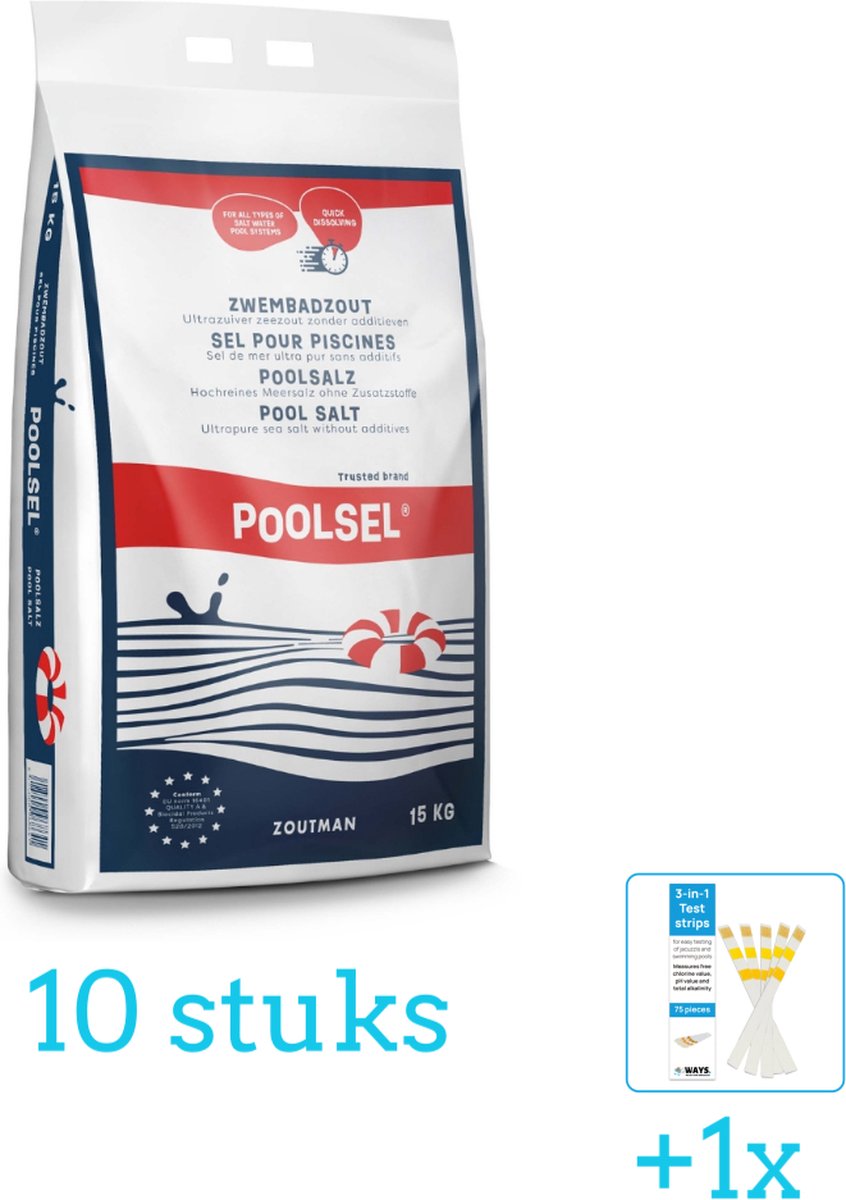 Zwembadzout 15 kg. - 10 stuks - Voordeelverpakking - Inclusief WAYS Testrips (1 stuks) - Geschikt voor Zoutwatersysteem - 26662GS (QS200) - 26664GS (QS400) - 26668GS (QS500) - 26670GS (QS1200)