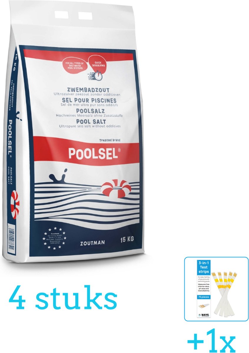 Zwembadzout 15 kg. - 4 stuks - Voordeelverpakking - Inclusief WAYS Testrips (1 stuks) - Geschikt voor Zoutwatersysteem - 26662GS (QS200) - 26664GS (QS400) - 26668GS (QS500) - 26670GS (QS1200)
