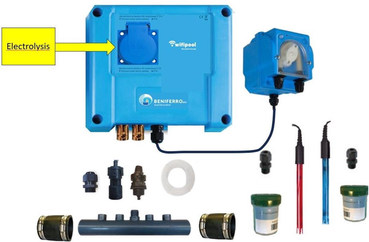 POOLTRONICS DIY WIFI Zoutwatersysteem - Zoutelectrolyse zet zwembadzout om naar Chloor met Automatische Ph dosering - Zwembad Zoutwater Waterbehandeling pakket om zelf op te bouwen en te installeren - BASIC - MET WIFI
