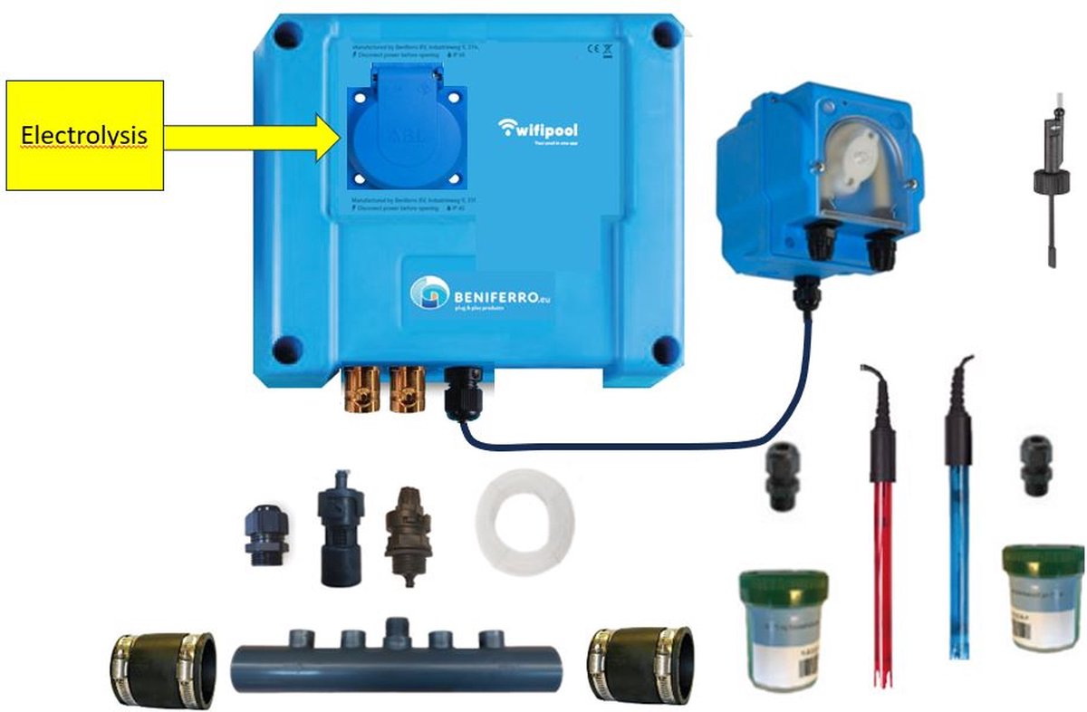 POOLTRONICS DIY WIFI Zoutwatersysteem - Zoutelectrolyse zet zwembadzout om naar Chloor met Automatische Ph dosering - Zwembad Zoutwater Waterbehandeling pakket om zelf op te bouwen en te installeren - MET FLOWSWITCH - MET WIFI