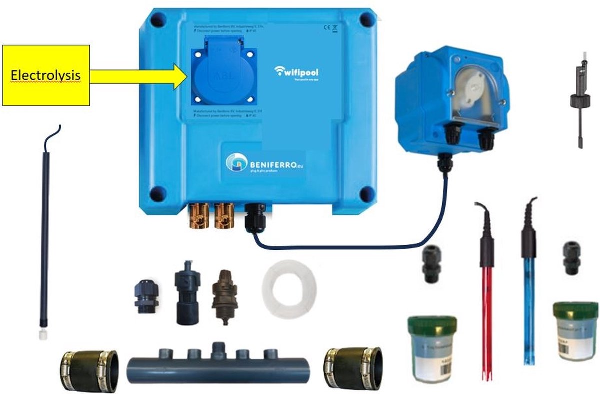 POOLTRONICS DIY WIFI Zoutwatersysteem - Zoutelectrolyse zet zwembadzout om naar Chloor met Automatische Ph dosering - Zwembad Zoutwater Waterbehandeling pakket om zelf op te bouwen en te installeren - MET FLOWSWITCH EN LEVELSWITCH - MET WIFI