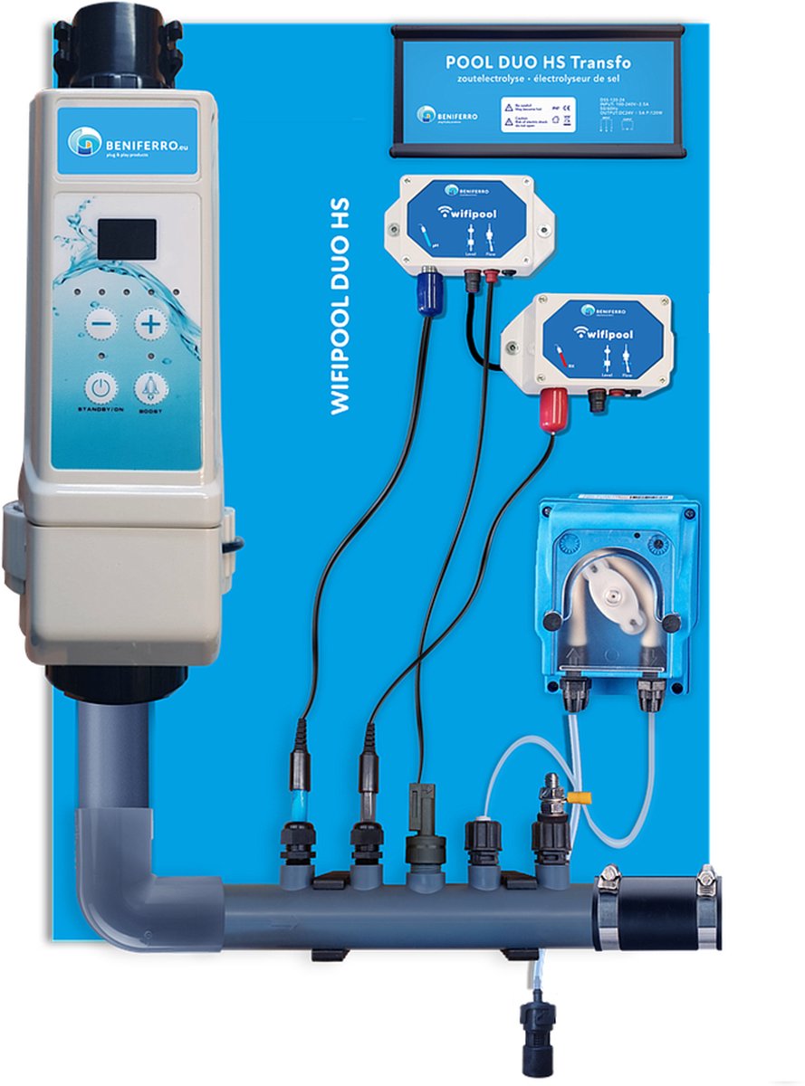 POOLTRONICS WIFI Zoutwatersysteem - Zoutelectrolyse zet zwembadzout om naar Chloor met Automatische Ph dosering - Zwembad Waterbehandeling systeem op Zoutwater - Zwembaden tem 60m³ - 20 g/u - MET FLOWSWITCH - MET WIFI besturing