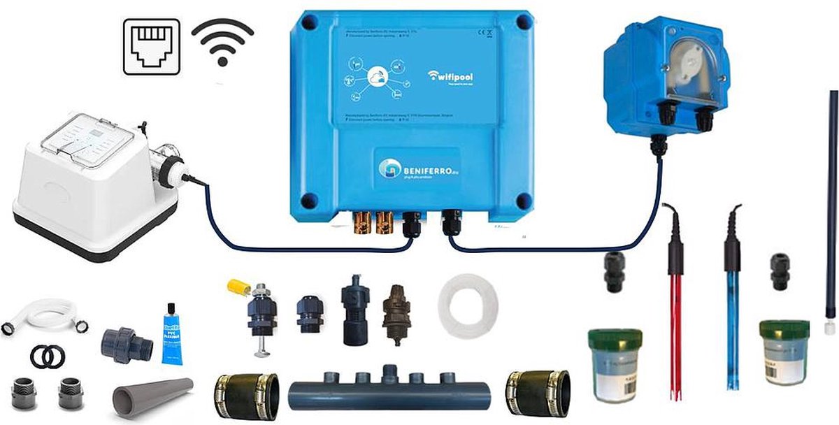 POOLTRONICS DIY Zwembad Zoutelectrolyse Zoutwatersysteem - Chloor generatie op basis van Zoutwater - Waterbehandeling automatisatie zelfbouwpakket - ZOUTELECTROLYSE UNIT INBEGREPEN 20g/u = 60m3 - MET FLOWSWITCH EN LEVELSWITCH - MET WIFI