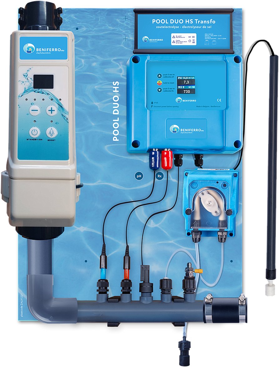 POOLTRONICS Zoutwatersysteem - Zoutelectrolyse zet zwembadzout om naar Chloor met Automatische Ph dosering - Zwembad Waterbehandeling systeem op Zoutwater - Zwembaden tem 50m³ - 16 g/u - MET FLOWSWITCH EN LEVELSWITCH