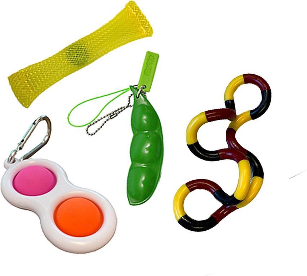 Fidget toys pakket set - Pop All Up® - 4 Delig - Simple dimple - Pop it - Pea popper - Mesh-and-marble fidget toy - TwisterTang fidget