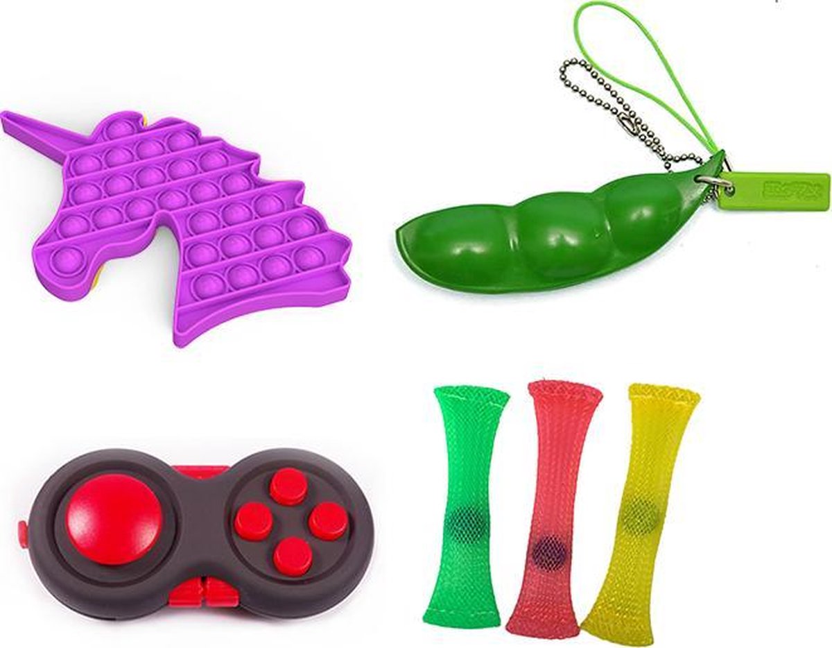 Fidget toys pakket set - Pop it unicorn - Pop All Up® - Fidget toys box - 6 Delig - Boontjes fidget toy - Pea popper - Mesh and marble - Fidget pad