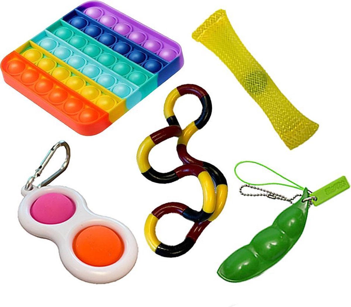 Pop it Fidget toys pakket set - Pop it - Pop All Up® - 5 Delig - Simple dimple - Pea popper - Mesh-and-marble fidget toy - Twister twist - Pop it Regenboog vierkant