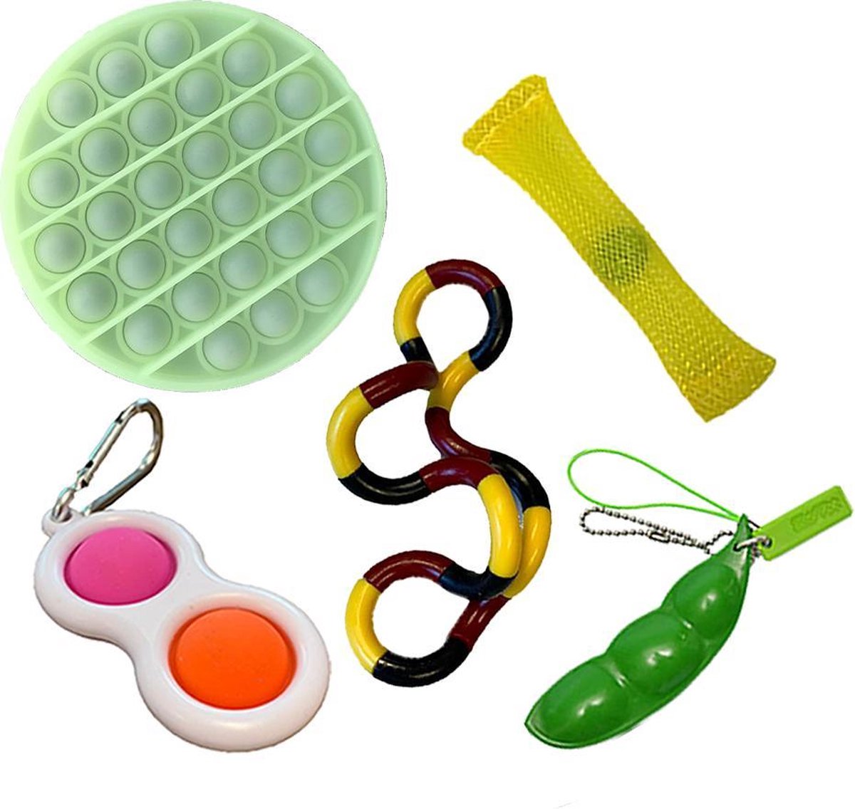 Pop it Fidget toys pakket set - Pop it - Pop All Up® - 5 Delig - Simple dimple - Pea popper - Mesh-and-marble fidget toy - Twister twist - Pop it glow in the dark