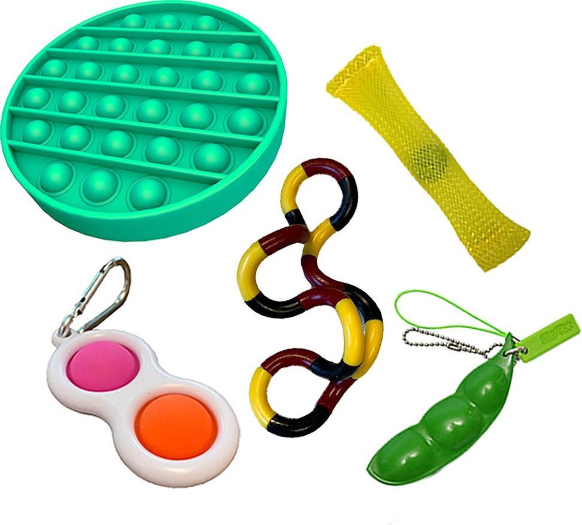 Pop it Fidget toys pakket set - Pop it - Pop All Up® - 5 Delig - Simple dimple - Pea popper - Mesh-and-marble fidget toy - Twister twist - Pop it groen