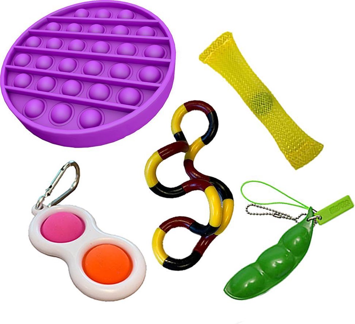 Pop it Fidget toys pakket set - Pop it - Pop All Up® - 5 Delig - Simple dimple - Pea popper - Mesh-and-marble fidget toy - Twister twist - Pop it paars