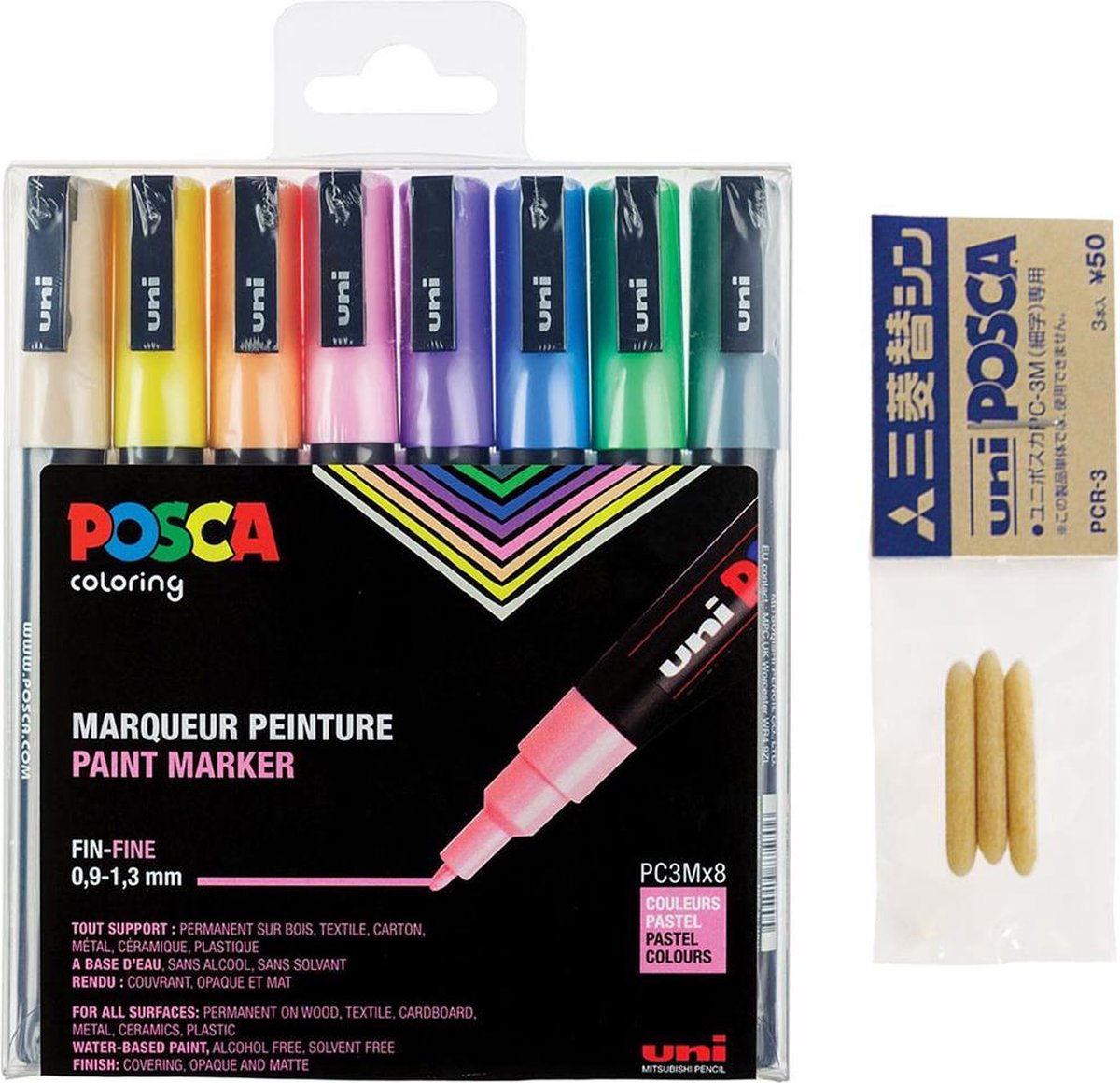 Posca PC-3M Pastelkleuren Marker set – 8 stuks + 3 vervangbare tips