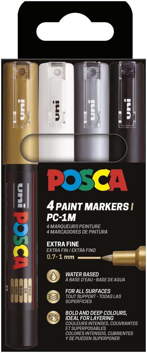 Uni POSCA paintmarker PC-1MC, 0,7 - 1 mm, etui van 4 stuks, goud, zilver, wit en zwart