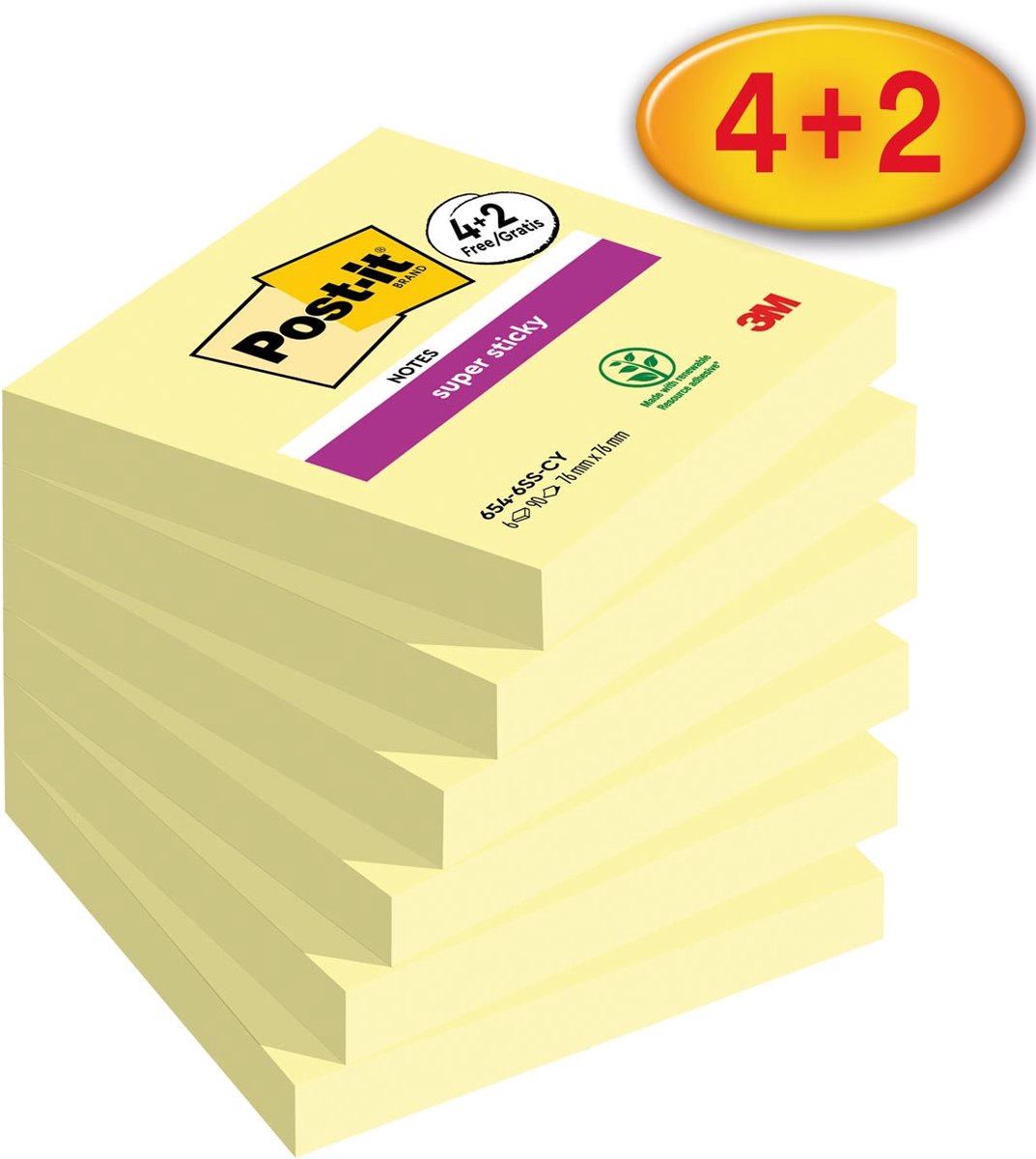 3M Post-It super sticky notitieblokjes 4+2 gratis 76x76mm geel.