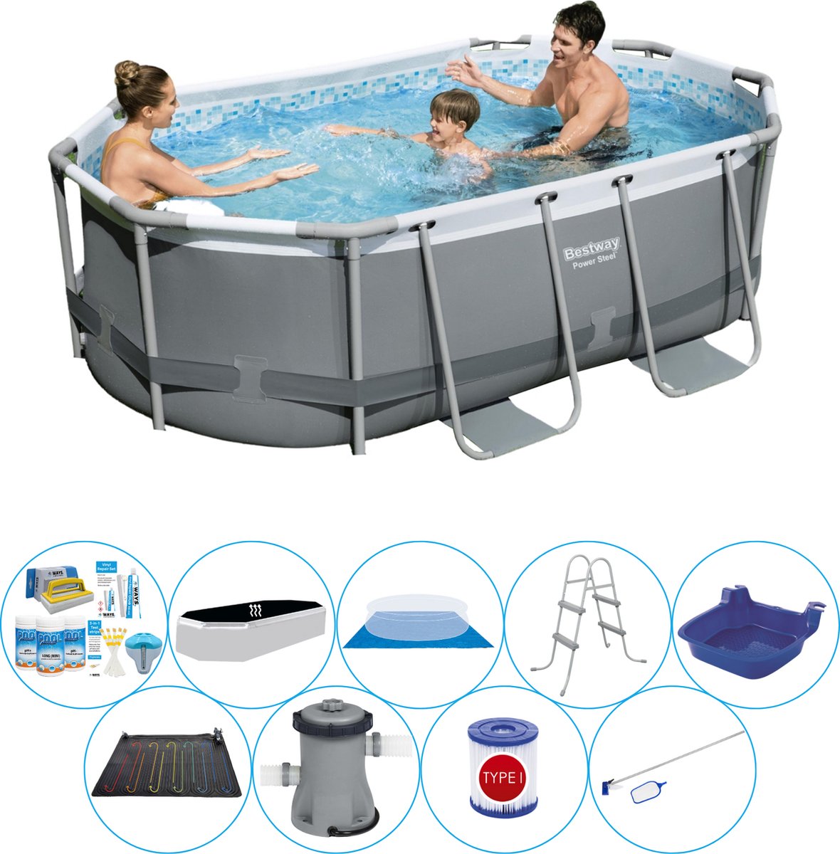 Power Steel Ovaal 305x200x84 cm - Deluxe Zwembad Pakket