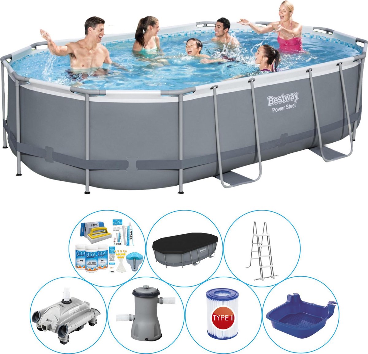 Power Steel Ovaal 488x305x107 cm - Zwembad Pakket