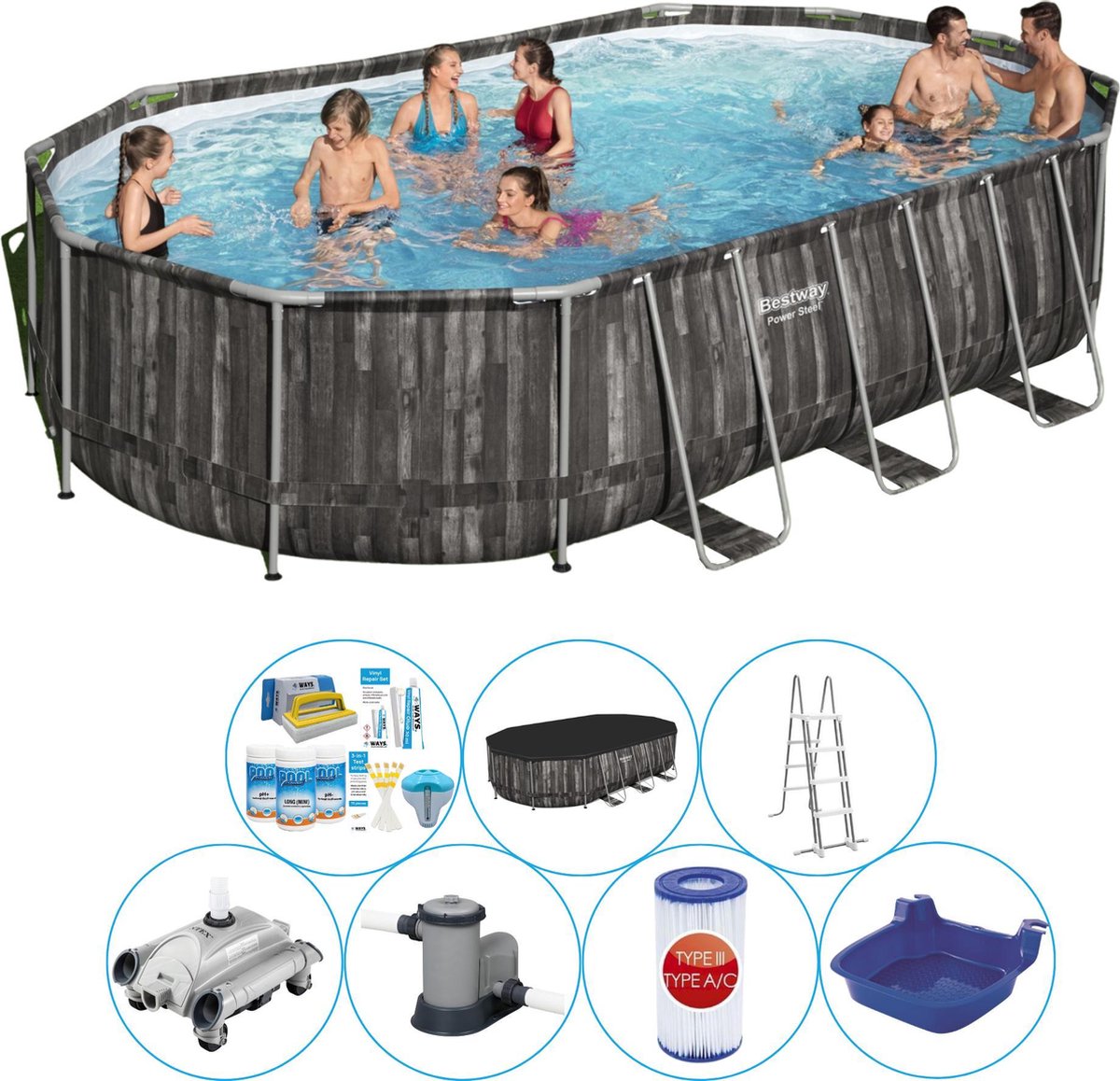 Power Steel Ovaal 610x366x122 cm - Zwembad Pakket