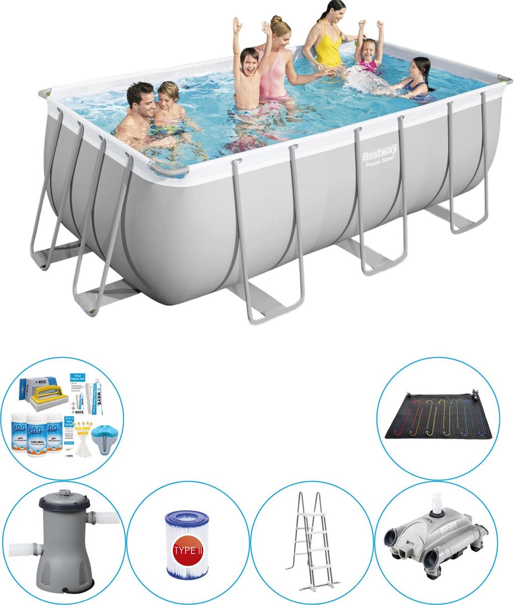 Power Steel Rechthoek 412x201x122 cm - 7-delig - Zwembad Bundel