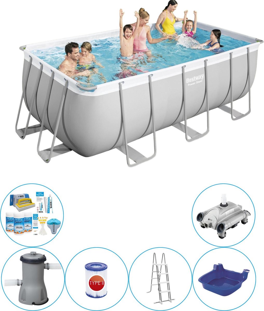 Power Steel Rechthoek 412x201x122 cm - 7-delig - Zwembad Pakket