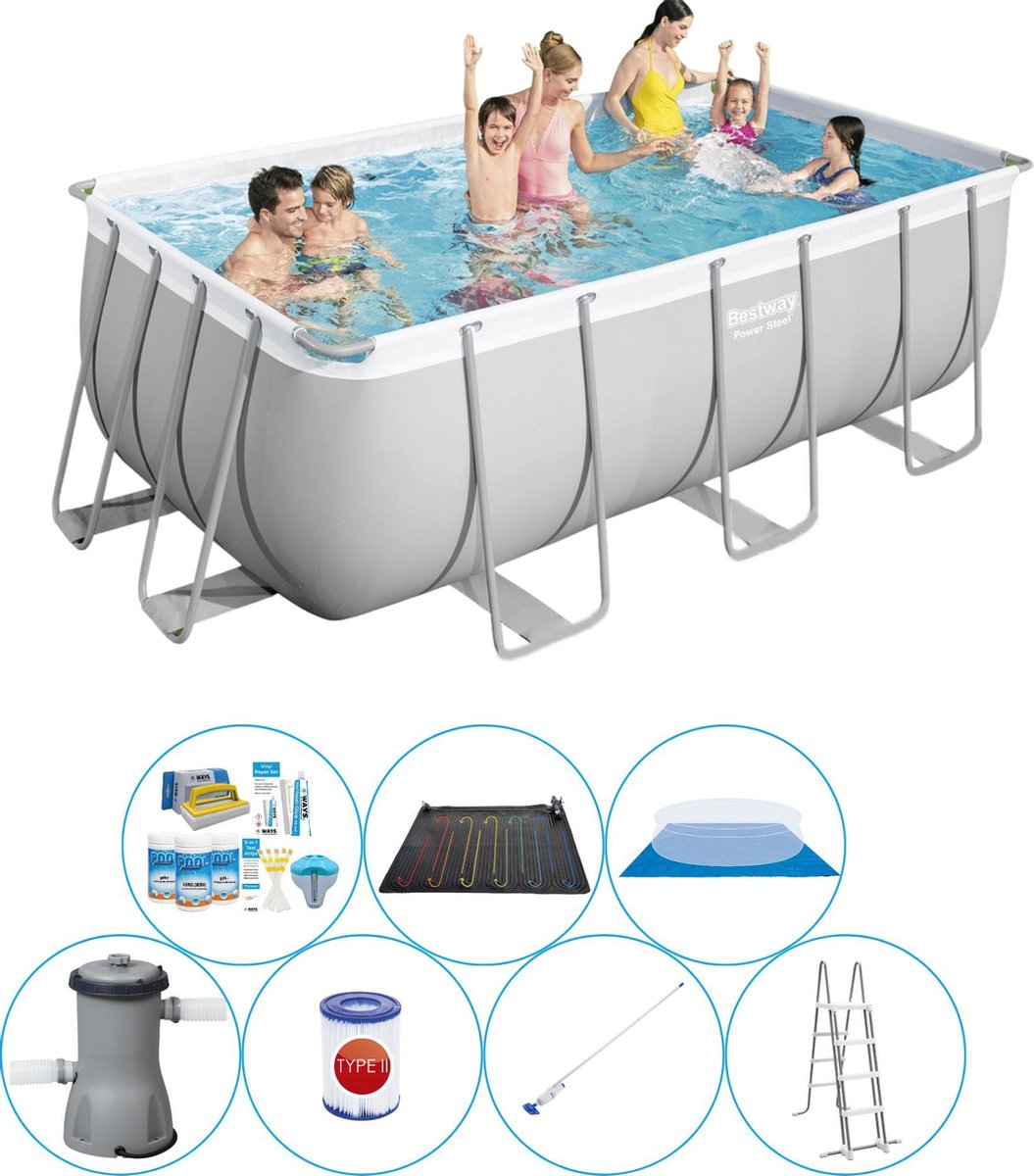 Power Steel Rechthoek 412x201x122 cm - 8-delig - Zwembad Combinatie Deal