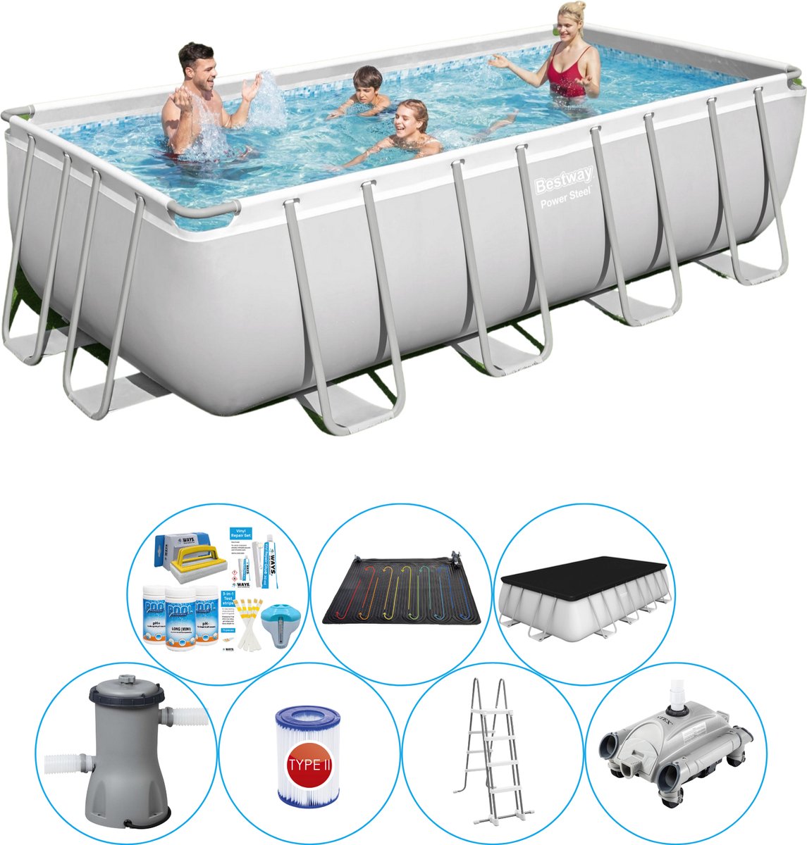 Power Steel Rechthoek 488x244x122 cm - Zwembad Bundel