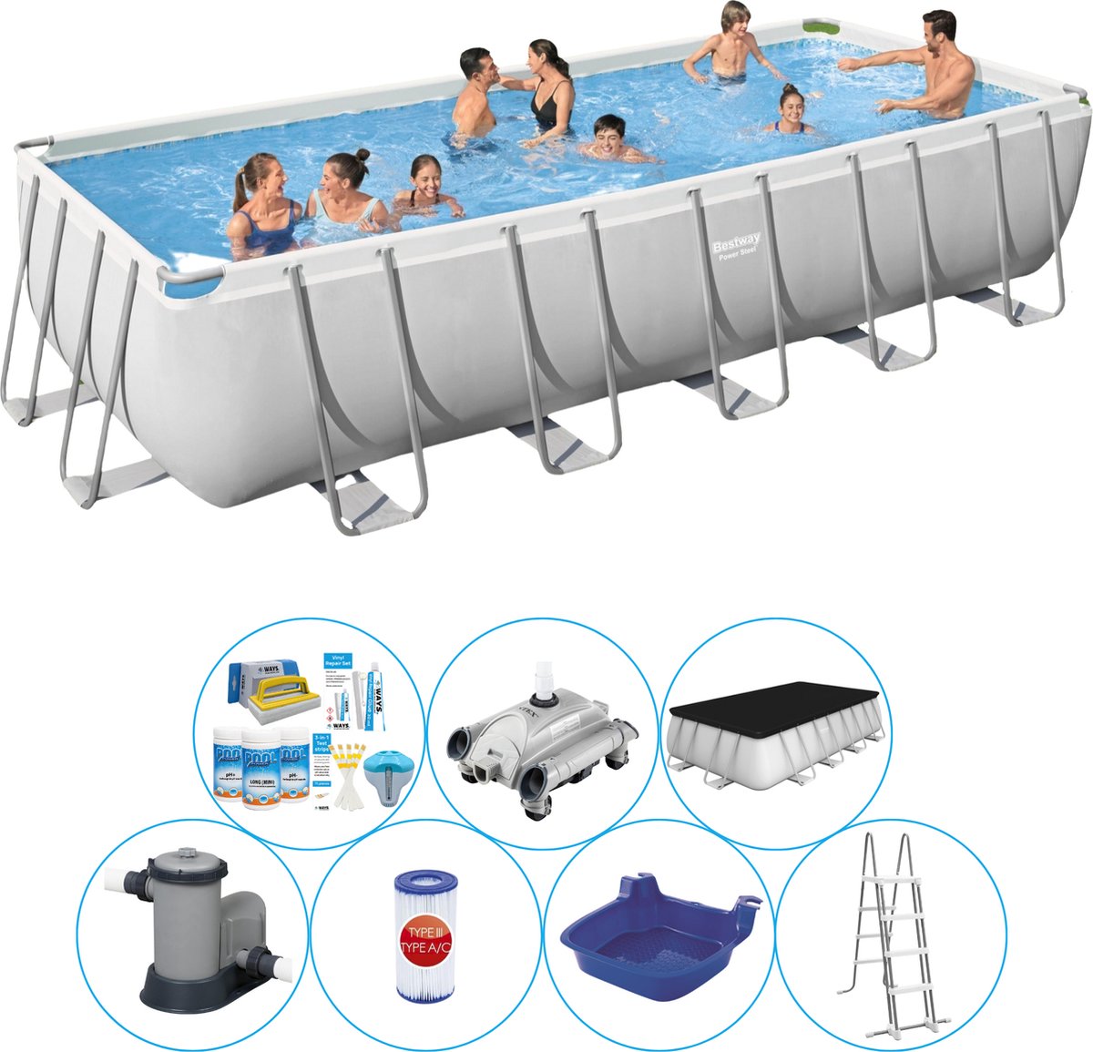 Power Steel Rechthoek 640x274x132 cm - Zwembad Pakket