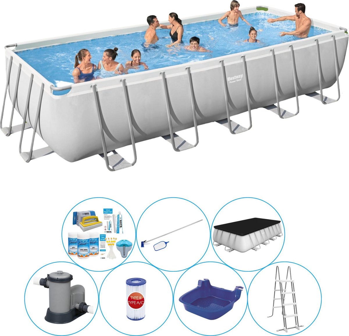 Power Steel Rechthoek 640x274x132 cm - Zwembad Set