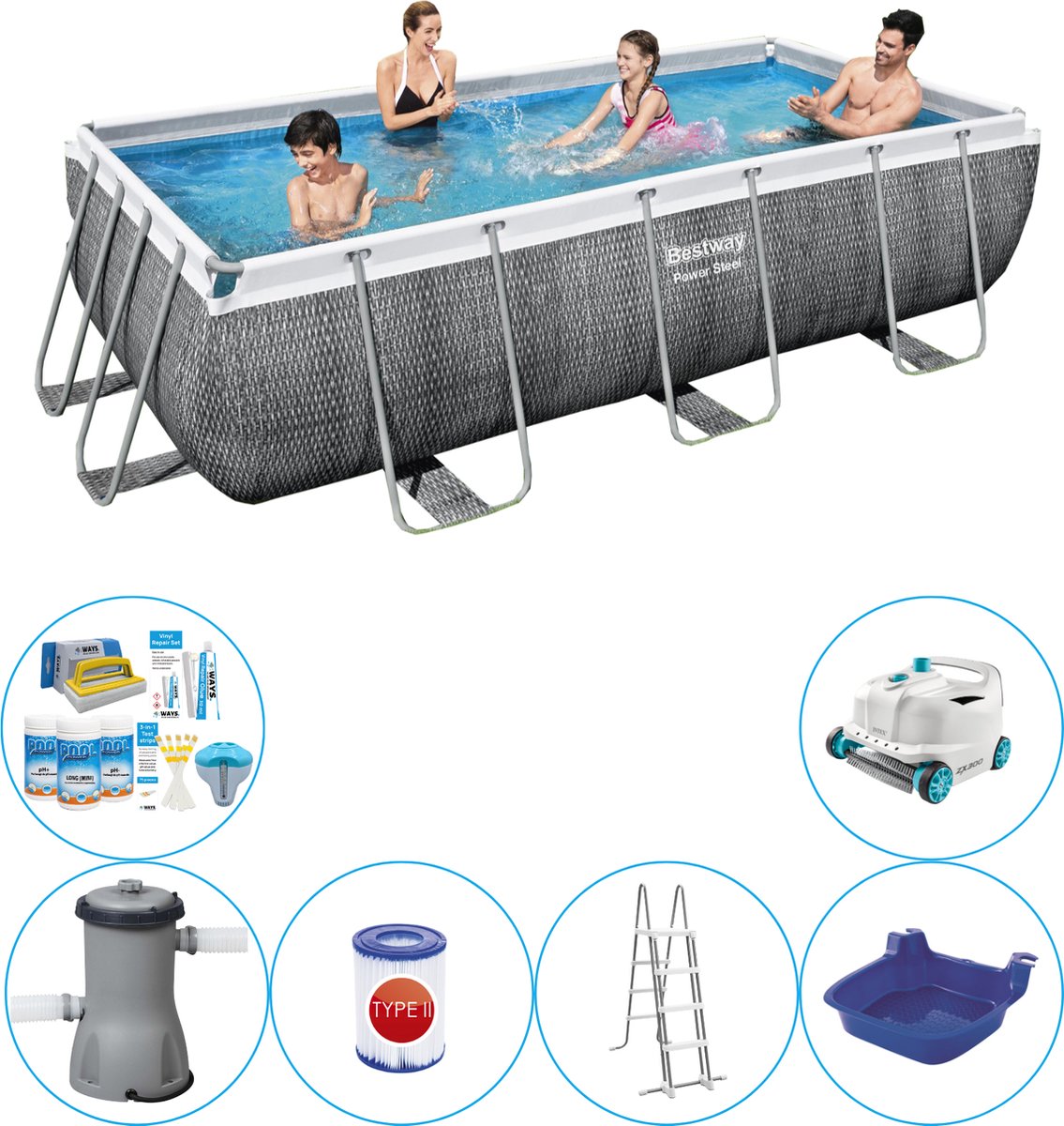 Power Steel Rechthoek Rattan 404x201x100 cm - 7-delig - Zwembad Super Deal