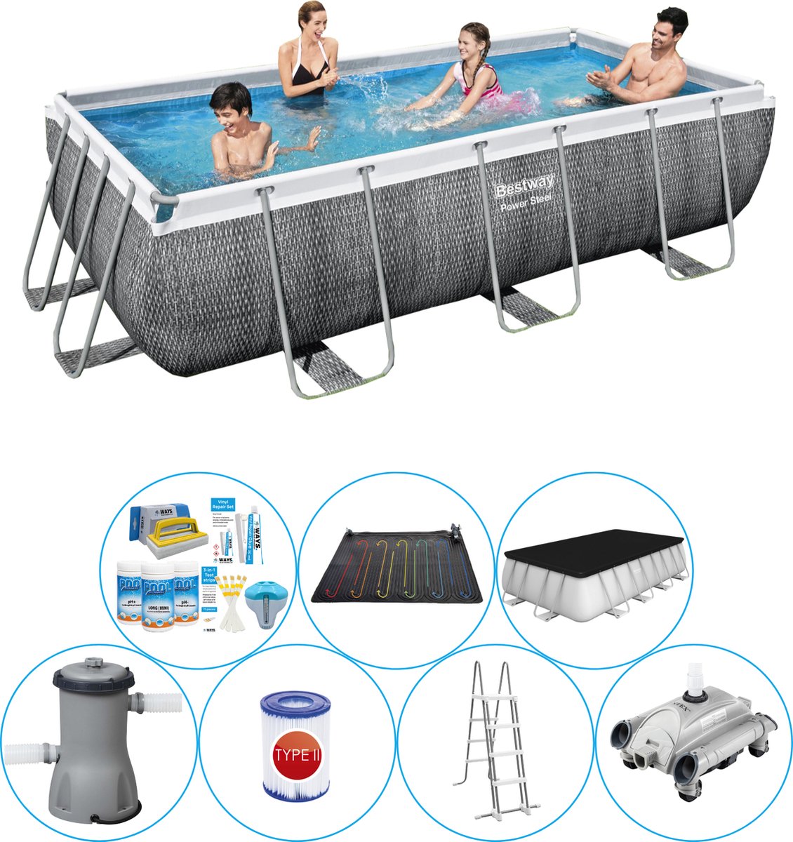 Power Steel Rechthoek Rattan 404x201x100 cm - Zwembad Bundel