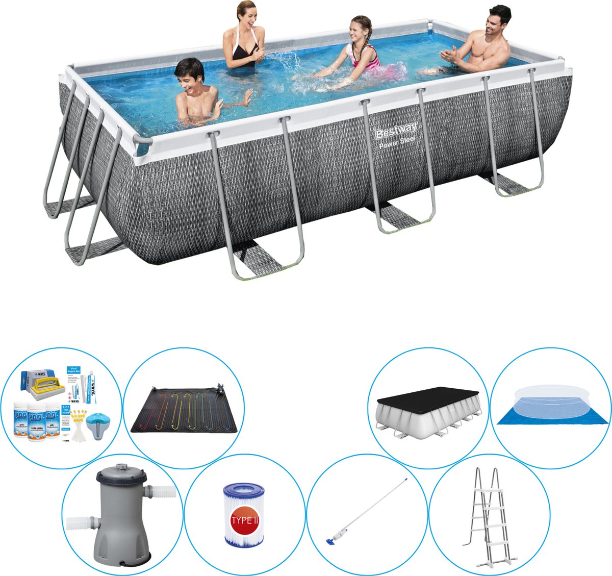 Power Steel Rechthoek Rattan 404x201x100 cm - Zwembad Combinatie Deal