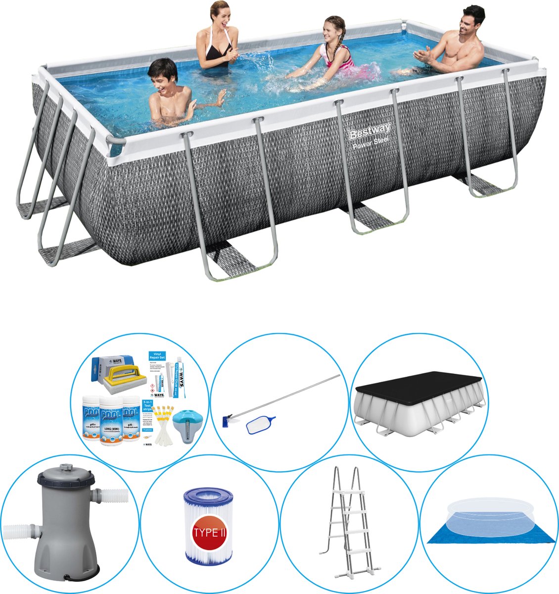 Power Steel Rechthoek Rattan 404x201x100 cm - Zwembad Combinatie Pakket