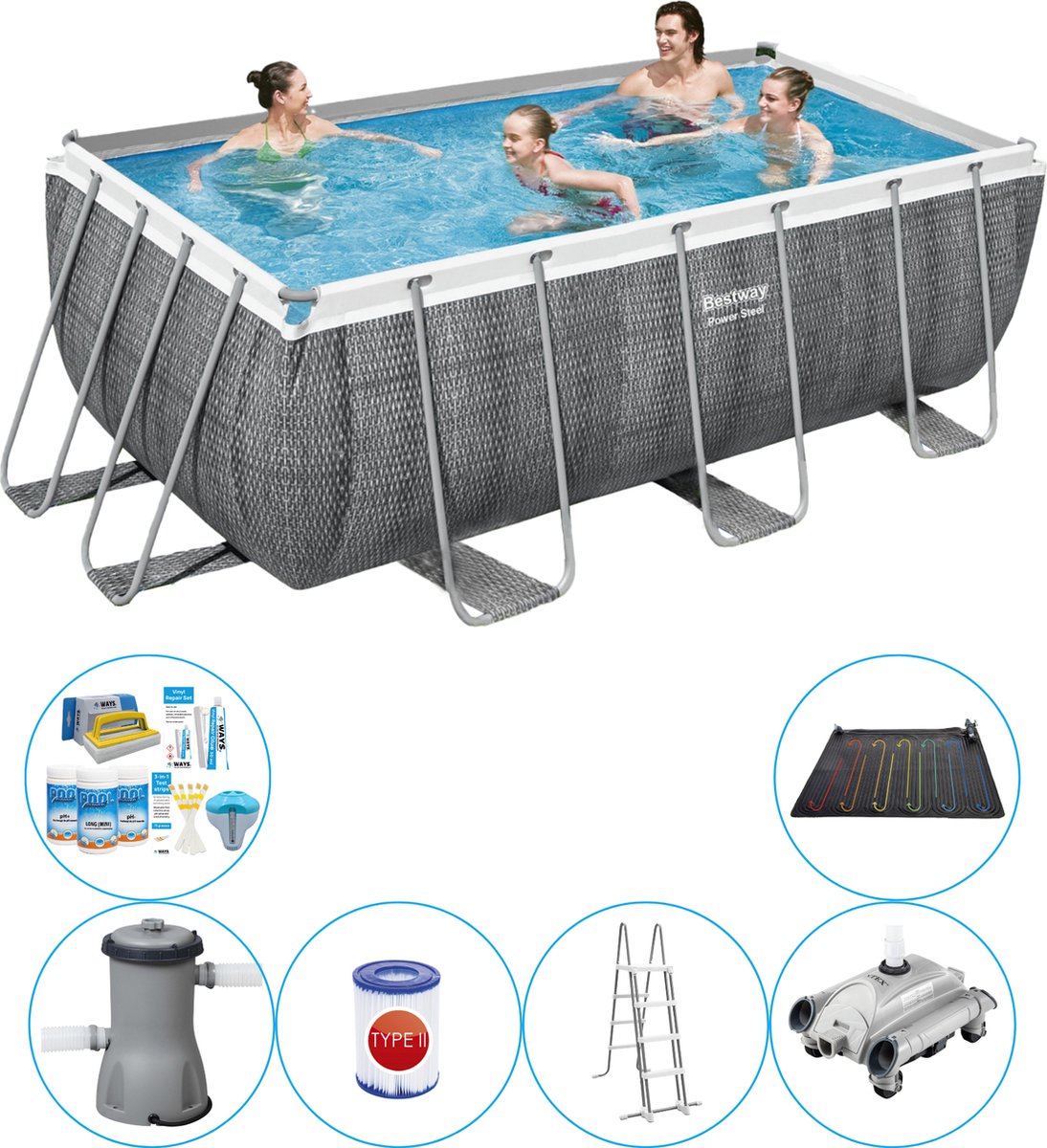 Power Steel Rechthoek Rattan 412x201x122 cm - 7-delig - Zwembad Bundel