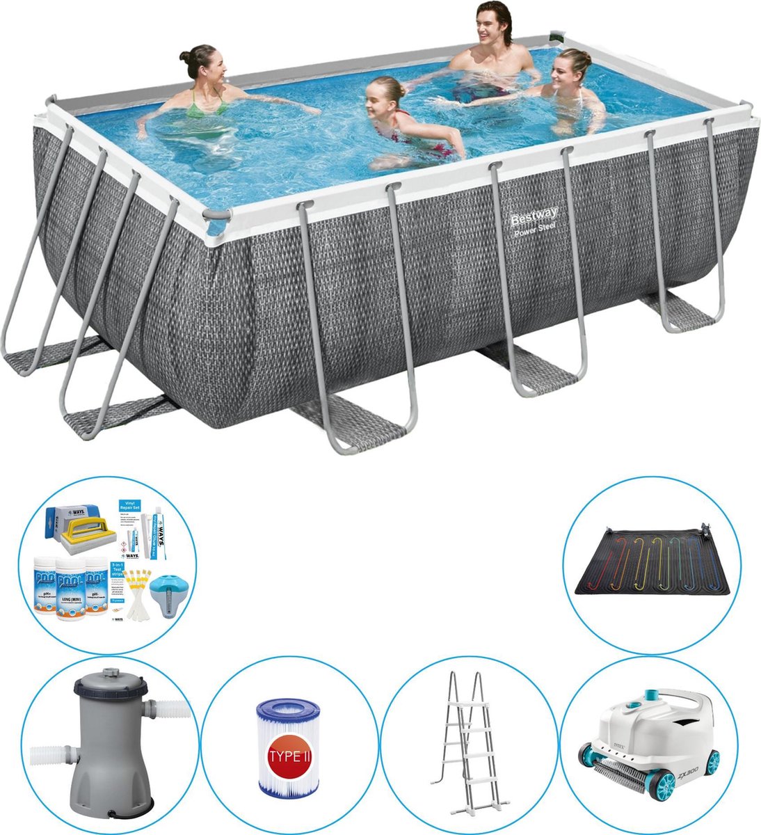 Power Steel Rechthoek Rattan 412x201x122 cm - 7-delig - Zwembad Met Accessoires