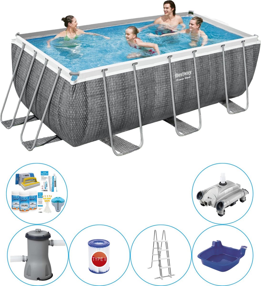 Power Steel Rechthoek Rattan 412x201x122 cm - 7-delig - Zwembad Pakket