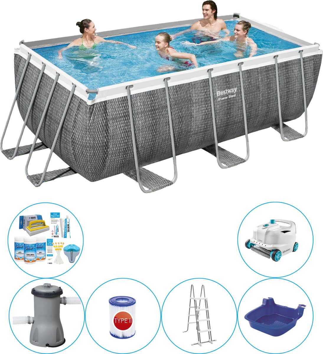 Power Steel Rechthoek Rattan 412x201x122 cm - 7-delig - Zwembad Super Deal