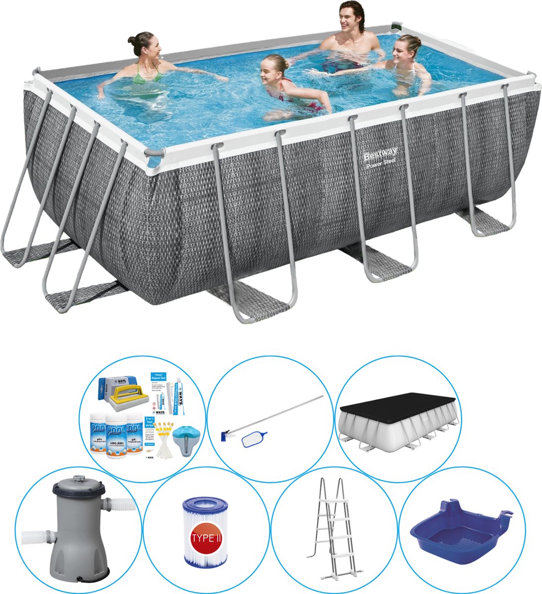 Power Steel Rechthoek Rattan 412x201x122 cm - Zwembad Set